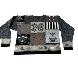 VTG Eddie Bauer Wool Patchwork Sweater Nordic Geometric Animals Women’s S  90s